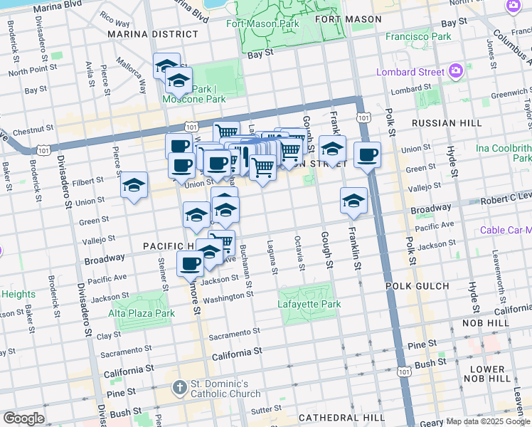 map of restaurants, bars, coffee shops, grocery stores, and more near Vallejo St & Laguna St in San Francisco
