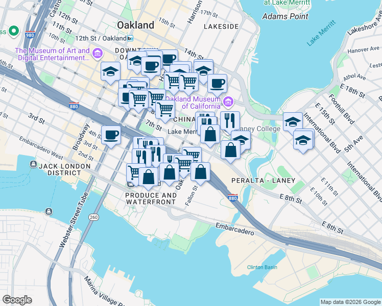 map of restaurants, bars, coffee shops, grocery stores, and more near 609 Oak Street in Oakland