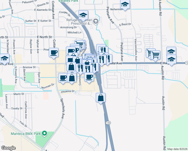 map of restaurants, bars, coffee shops, grocery stores, and more near E Yosemite Ave in Manteca