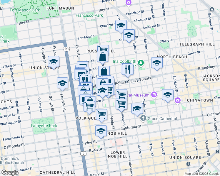 map of restaurants, bars, coffee shops, grocery stores, and more near 74 Lynch Street in San Francisco