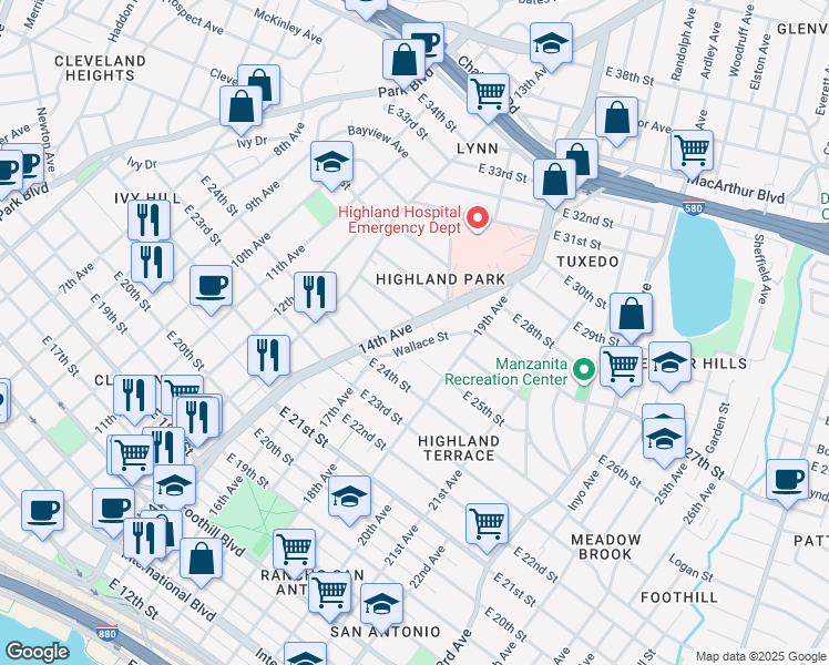 map of restaurants, bars, coffee shops, grocery stores, and more near 1408 East 25th Street Way in Oakland