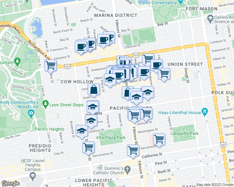 map of restaurants, bars, coffee shops, grocery stores, and more near 2327 Green Street in San Francisco