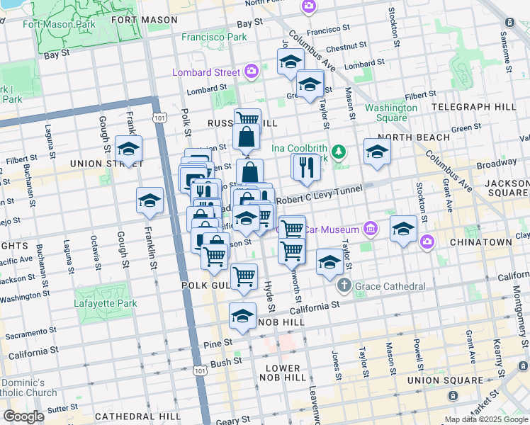 map of restaurants, bars, coffee shops, grocery stores, and more near 74 Lynch Street in San Francisco