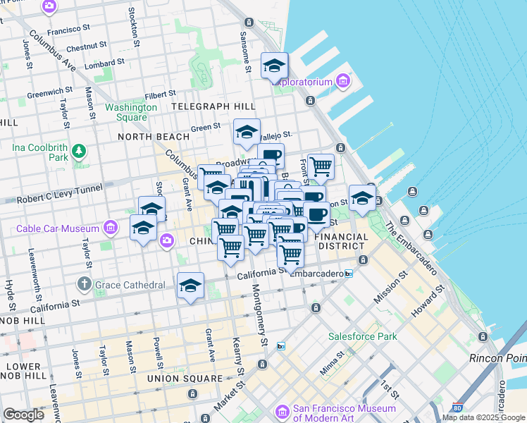map of restaurants, bars, coffee shops, grocery stores, and more near 500 Washington Street in San Francisco
