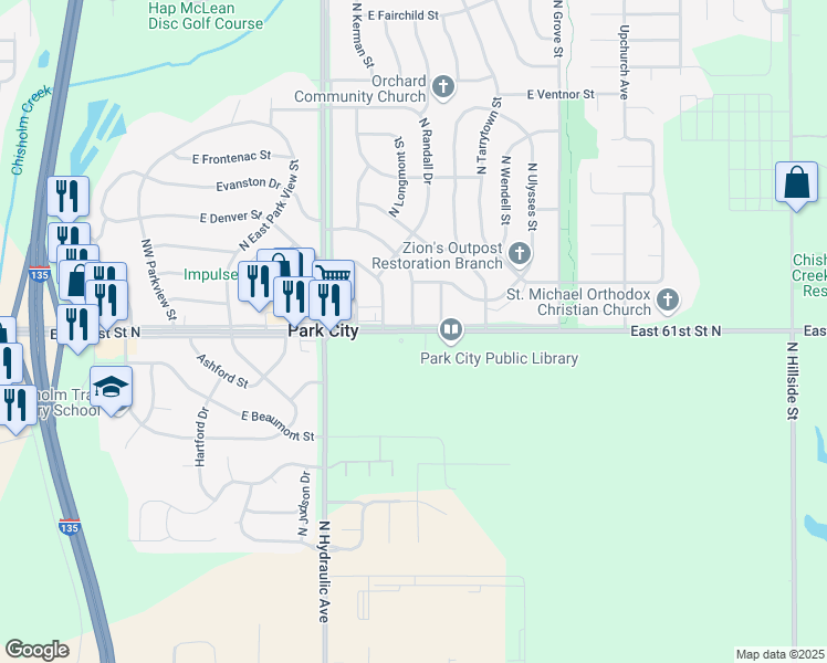 map of restaurants, bars, coffee shops, grocery stores, and more near 5912 Millsboro Street in Wichita