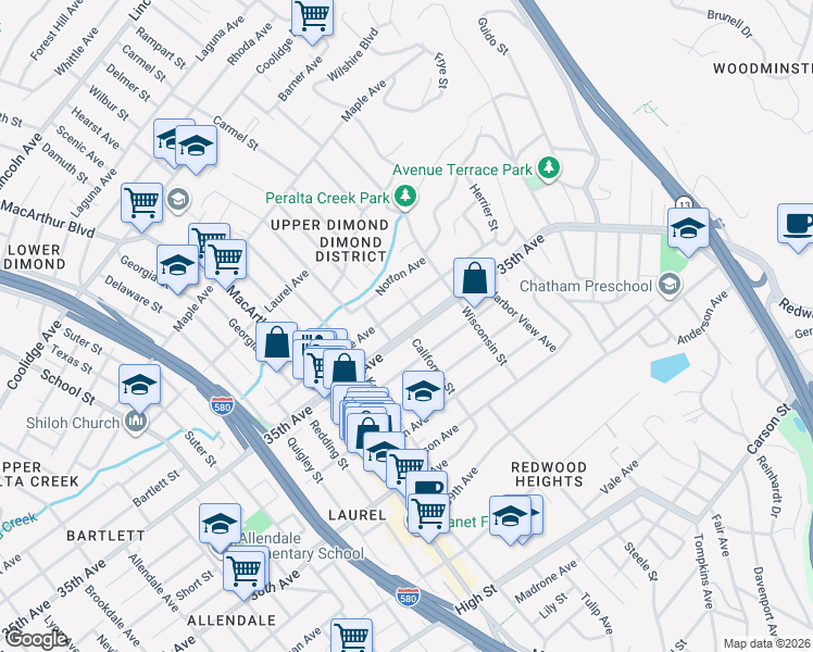 map of restaurants, bars, coffee shops, grocery stores, and more near 3821 35th Avenue in Oakland