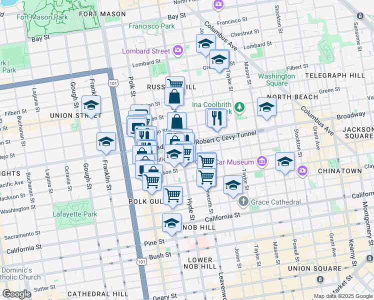map of restaurants, bars, coffee shops, grocery stores, and more near 74 Lynch Street in San Francisco