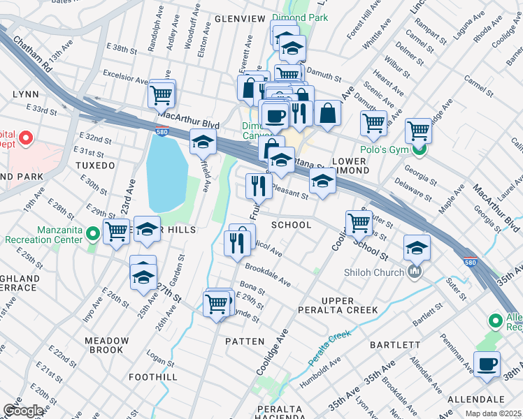 map of restaurants, bars, coffee shops, grocery stores, and more near 2739 School Street in Oakland