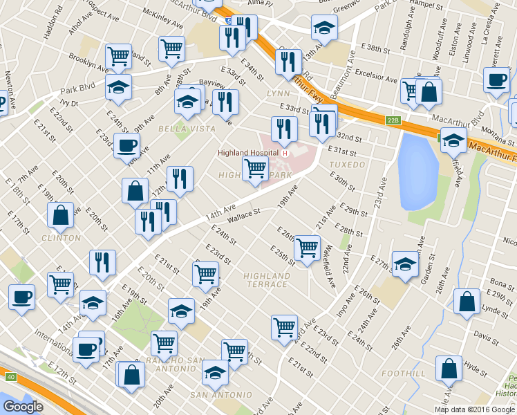 map of restaurants, bars, coffee shops, grocery stores, and more near 2600 Wallace Street in Oakland