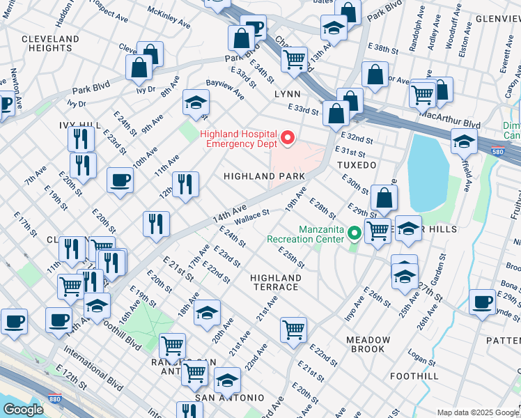 map of restaurants, bars, coffee shops, grocery stores, and more near 2600 Wallace Street in Oakland