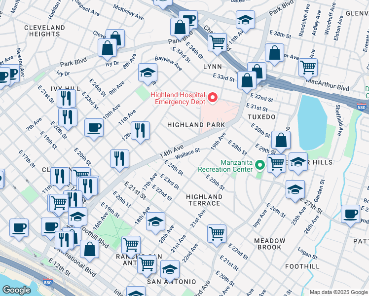 map of restaurants, bars, coffee shops, grocery stores, and more near 1408 East 25th Street Way in Oakland