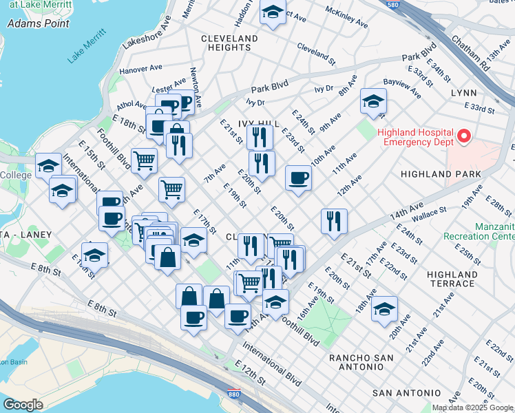 map of restaurants, bars, coffee shops, grocery stores, and more near 1851 10th Avenue in Oakland