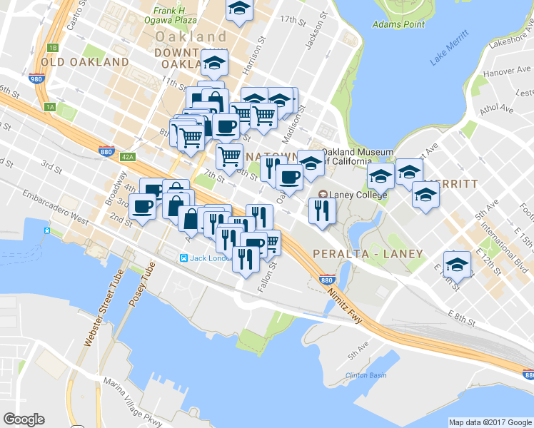 map of restaurants, bars, coffee shops, grocery stores, and more near 589 Oak Street in Oakland