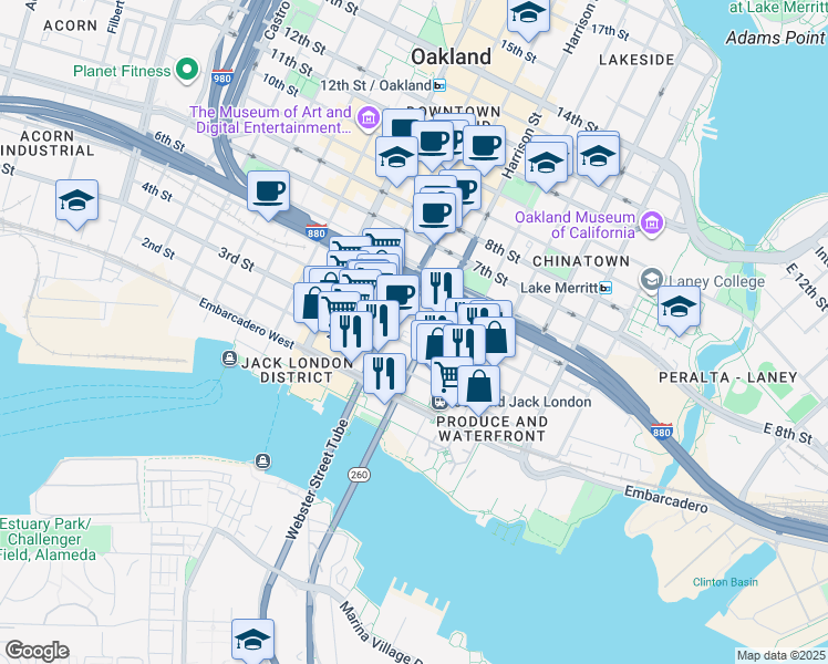 map of restaurants, bars, coffee shops, grocery stores, and more near 307 3rd Street in Oakland