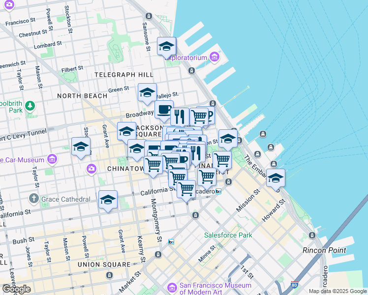 map of restaurants, bars, coffee shops, grocery stores, and more near 363 Washington Street in San Francisco