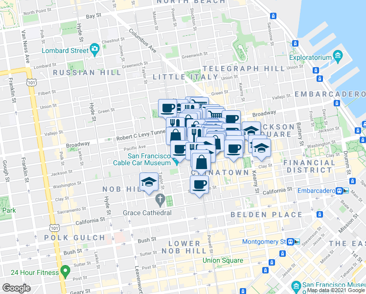 map of restaurants, bars, coffee shops, grocery stores, and more near in San Francisco