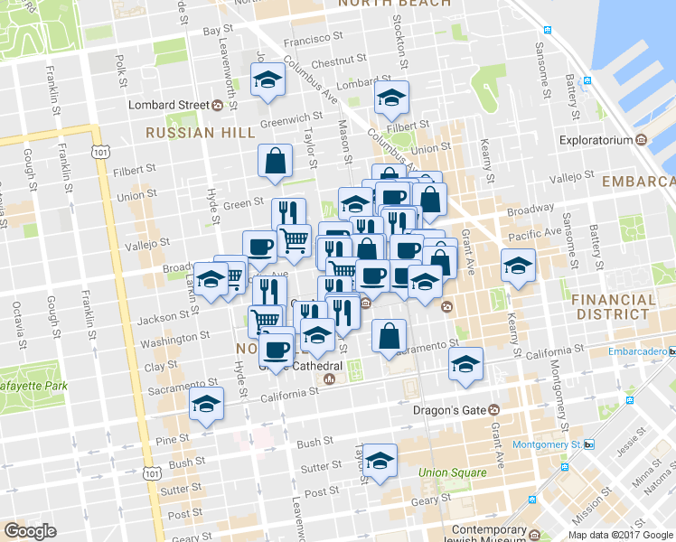 map of restaurants, bars, coffee shops, grocery stores, and more near in San Francisco