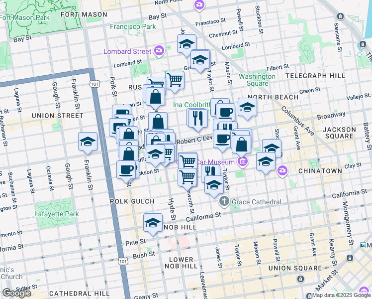 map of restaurants, bars, coffee shops, grocery stores, and more near 1556 Leavenworth Street in San Francisco