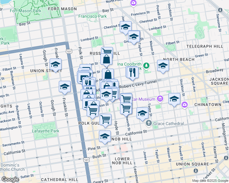 map of restaurants, bars, coffee shops, grocery stores, and more near 1387 Pacific Avenue in San Francisco