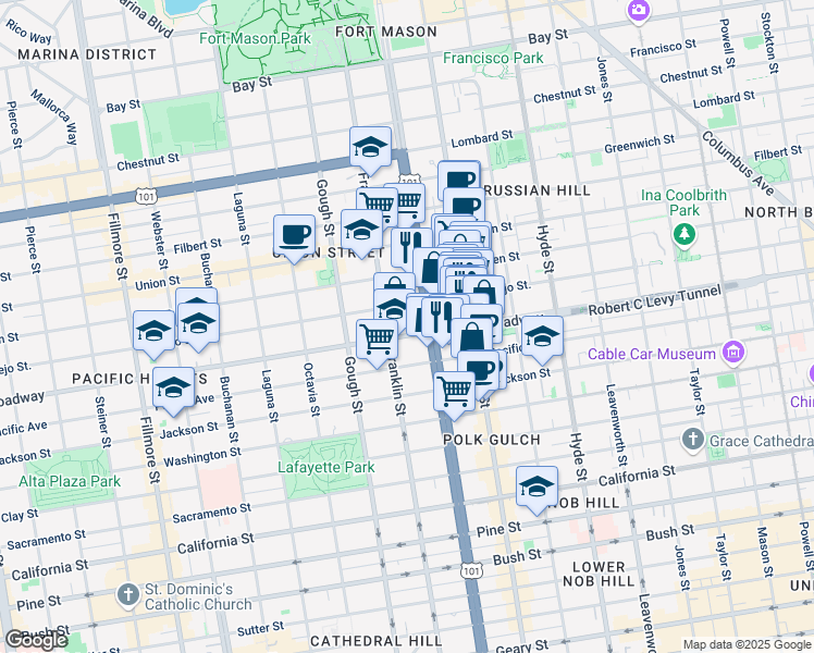 map of restaurants, bars, coffee shops, grocery stores, and more near 2151 U.S. 101 in San Francisco