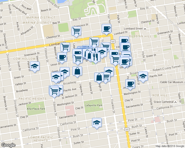 map of restaurants, bars, coffee shops, grocery stores, and more near 2511 Octavia Street in San Francisco