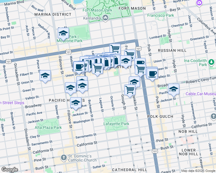 map of restaurants, bars, coffee shops, grocery stores, and more near 2511 Octavia Street in San Francisco