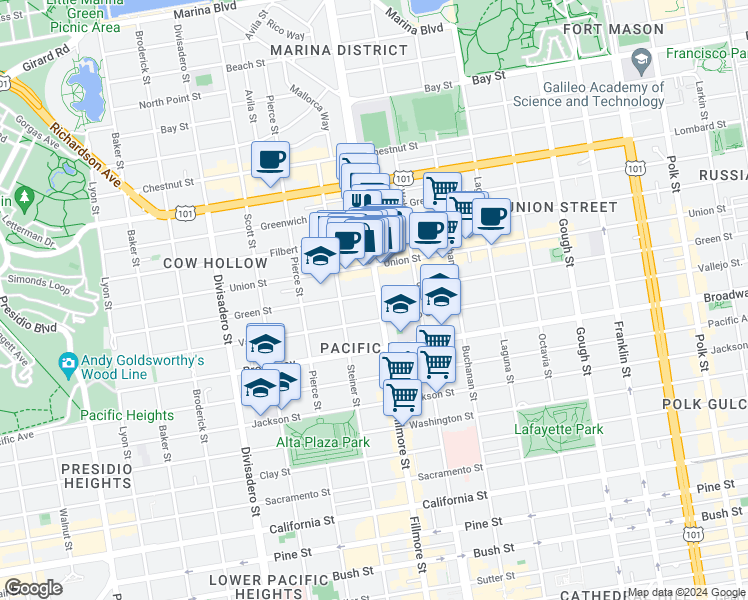 map of restaurants, bars, coffee shops, grocery stores, and more near in San Francisco