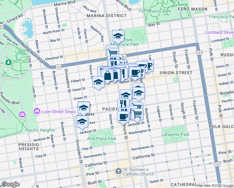 map of restaurants, bars, coffee shops, grocery stores, and more near in San Francisco