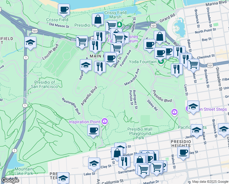 map of restaurants, bars, coffee shops, grocery stores, and more near 811C Quarry Road in San Francisco