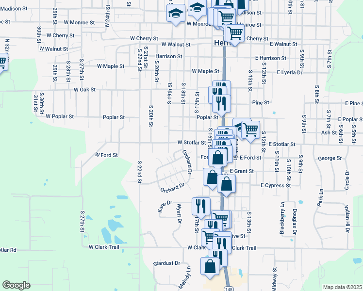 map of restaurants, bars, coffee shops, grocery stores, and more near 8 Orchard Drive in Herrin
