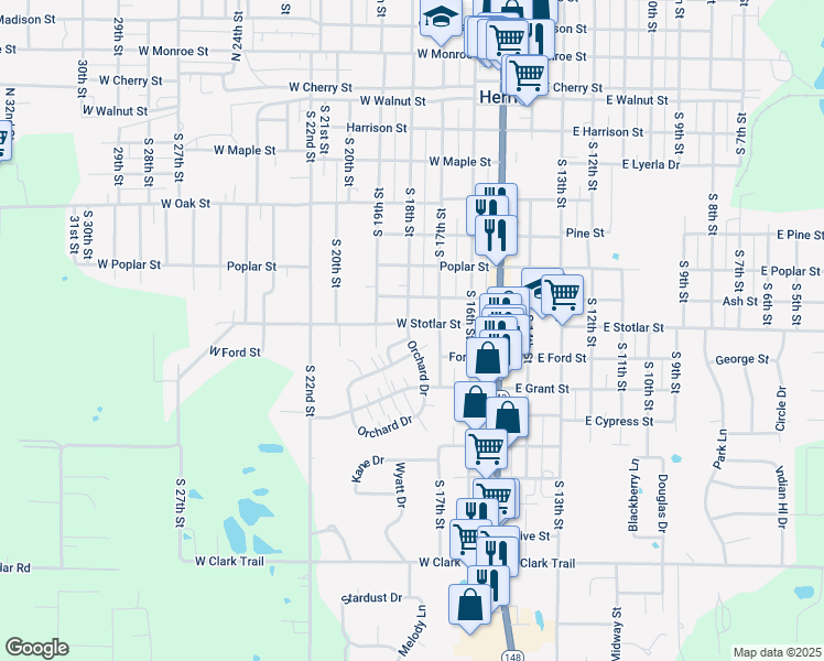 map of restaurants, bars, coffee shops, grocery stores, and more near 2 South 18th Street in Herrin