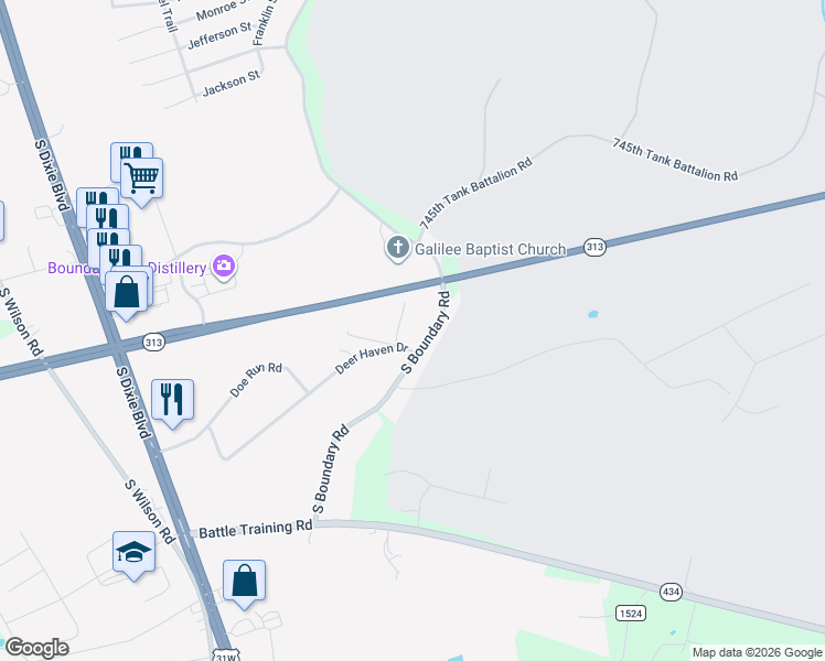 map of restaurants, bars, coffee shops, grocery stores, and more near 501 South Boundary Road in Elizabethtown