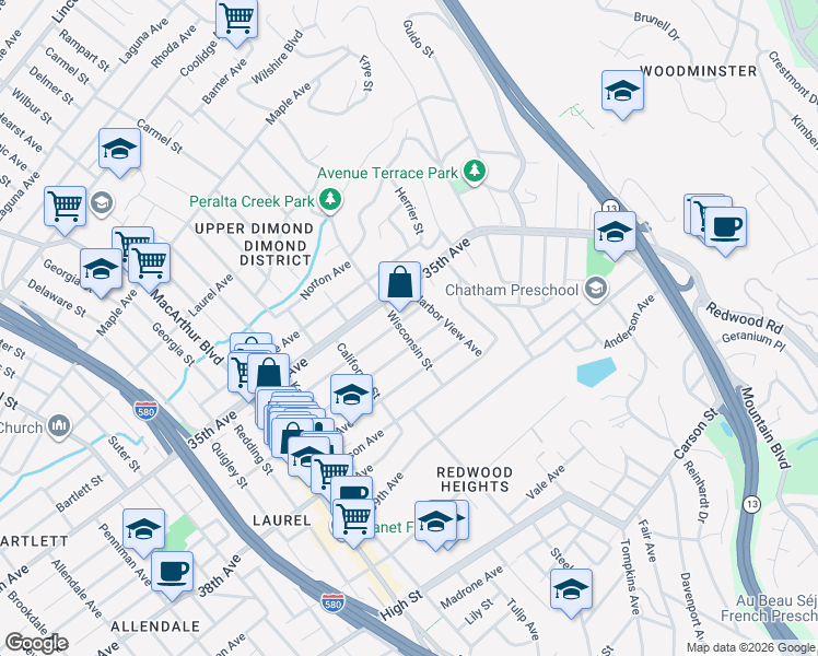 map of restaurants, bars, coffee shops, grocery stores, and more near 3616 Wisconsin Street in Oakland