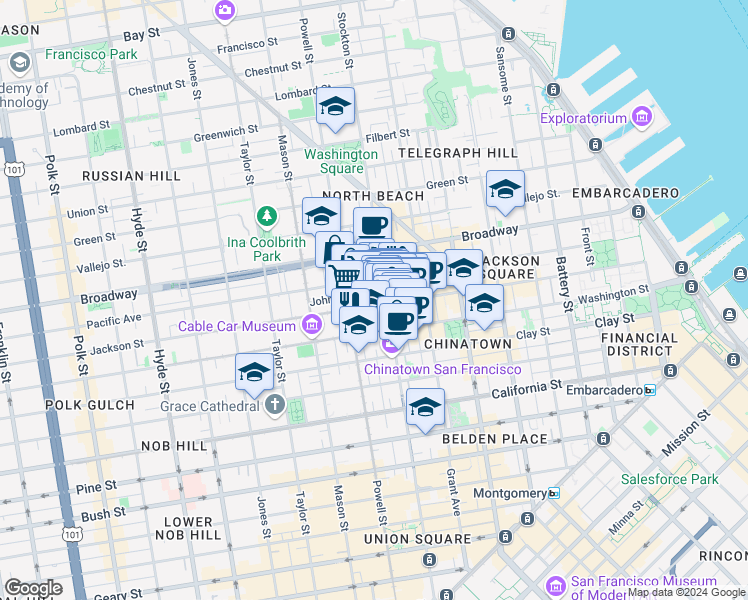 map of restaurants, bars, coffee shops, grocery stores, and more near 845 Jackson Street in San Francisco