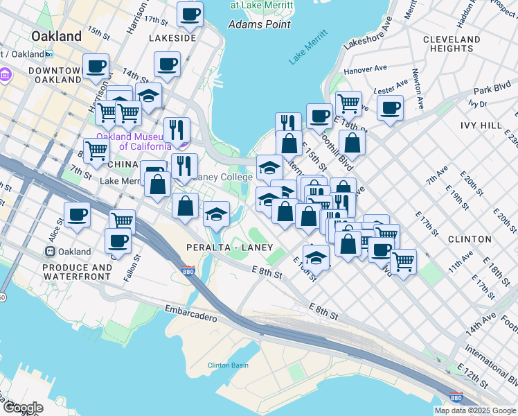 map of restaurants, bars, coffee shops, grocery stores, and more near 2 East 10th Street in Oakland