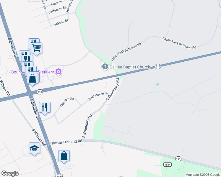 map of restaurants, bars, coffee shops, grocery stores, and more near 501-503 South Boundary Road in Elizabethtown