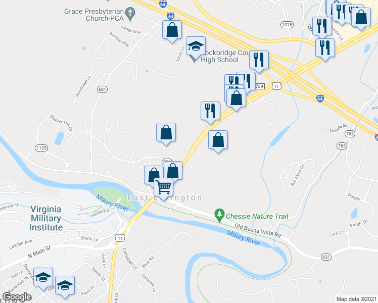 map of restaurants, bars, coffee shops, grocery stores, and more near 729 North Lee Highway in Lexington