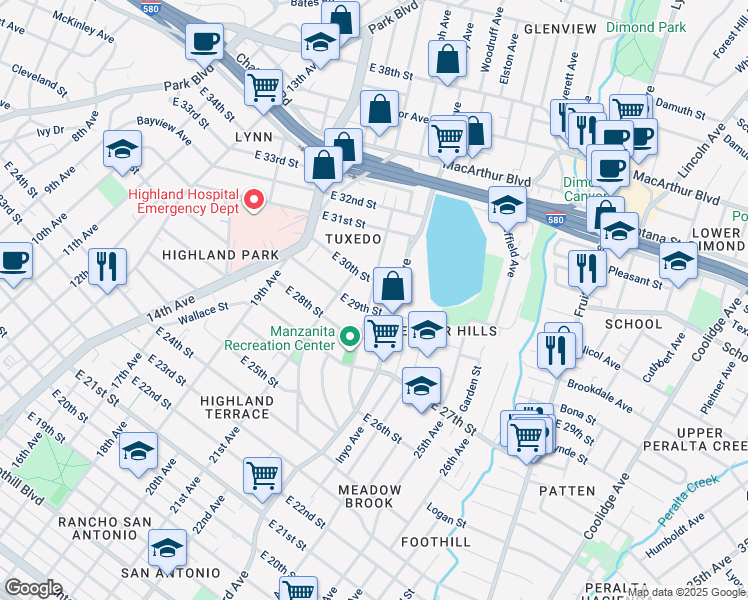 map of restaurants, bars, coffee shops, grocery stores, and more near 2922 22nd Avenue in Oakland