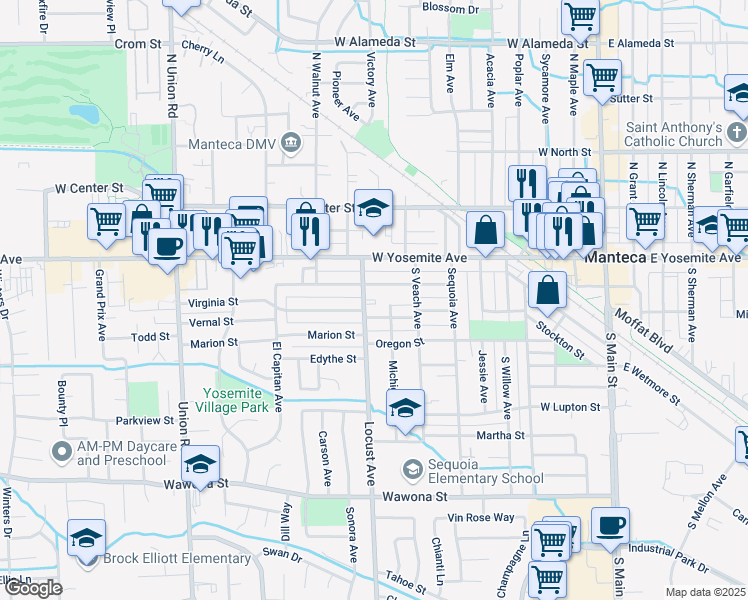 map of restaurants, bars, coffee shops, grocery stores, and more near 303 Locust Avenue in Manteca