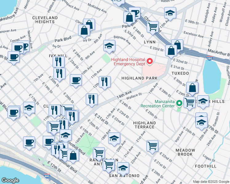 map of restaurants, bars, coffee shops, grocery stores, and more near 2405 14th Avenue in Oakland