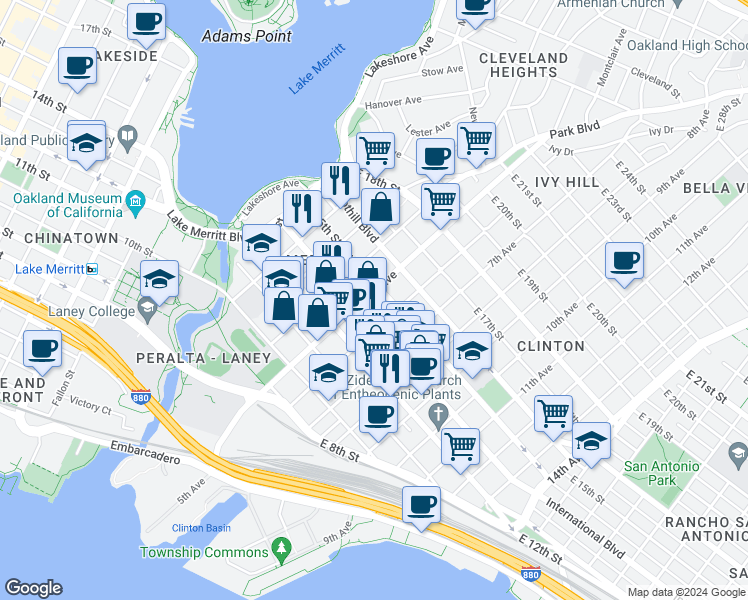 map of restaurants, bars, coffee shops, grocery stores, and more near 544 International Boulevard in Oakland
