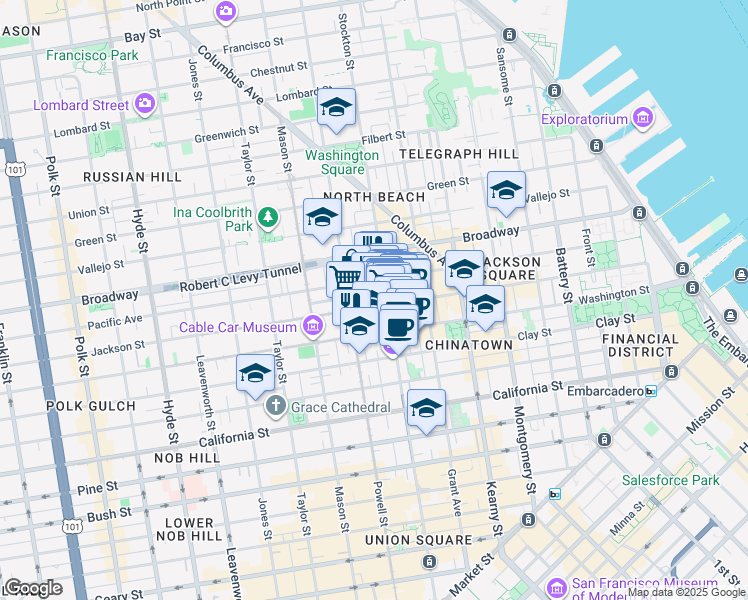 map of restaurants, bars, coffee shops, grocery stores, and more near 845 Jackson Street in San Francisco