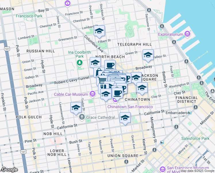 map of restaurants, bars, coffee shops, grocery stores, and more near 845 Jackson Street in San Francisco