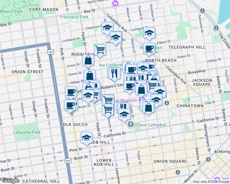 map of restaurants, bars, coffee shops, grocery stores, and more near 1535 Jones Street in San Francisco