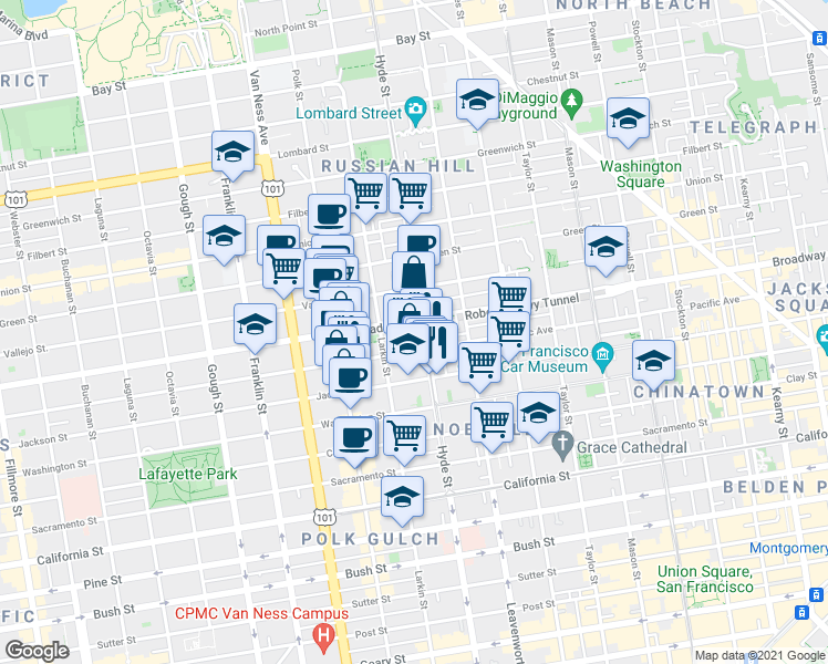 map of restaurants, bars, coffee shops, grocery stores, and more near in San Francisco