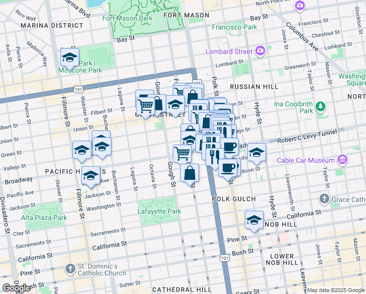 map of restaurants, bars, coffee shops, grocery stores, and more near 1730 Broadway in San Francisco