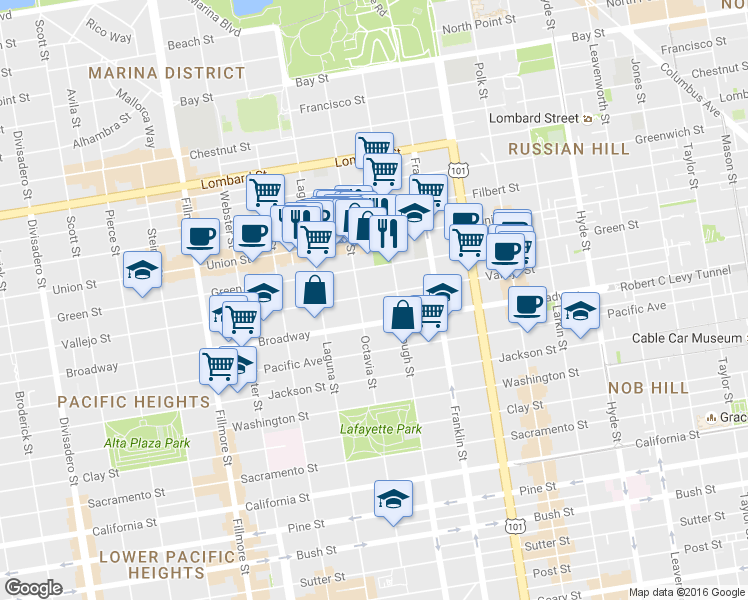 map of restaurants, bars, coffee shops, grocery stores, and more near 2511 Octavia Street in San Francisco