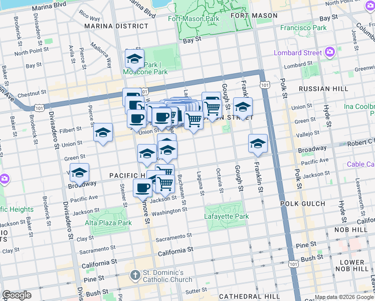 map of restaurants, bars, coffee shops, grocery stores, and more near in San Francisco