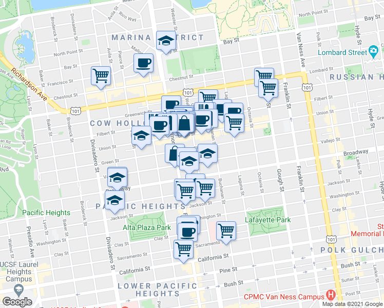 map of restaurants, bars, coffee shops, grocery stores, and more near 2260 Vallejo Street in San Francisco
