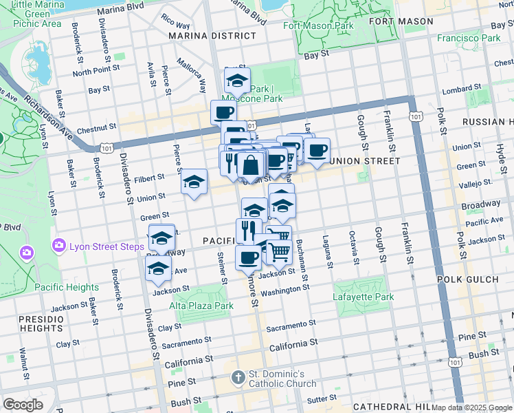 map of restaurants, bars, coffee shops, grocery stores, and more near 2260 Vallejo Street in San Francisco
